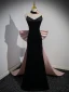 Sexy Noire Robe De Soirée 2023 Trompette / Sirène Bretelles Spaghetti Gonflée Manches Courtes Dos Nu Noeud Train De Balayage Soirée Robe De Ceremonie