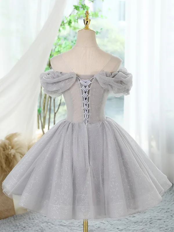Chic / Belle Gris Perlage Appliques Paillettes Courte Anniversaire Robe De Fête 2024 Robe Boule De l'épaule Manches Courtes Dos Nu Robe De Ceremonie