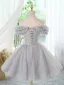 Chic / Belle Gris Perlage Appliques Paillettes Courte Anniversaire Robe De Fête 2024 Robe Boule De l'épaule Manches Courtes Dos Nu Robe De Ceremonie