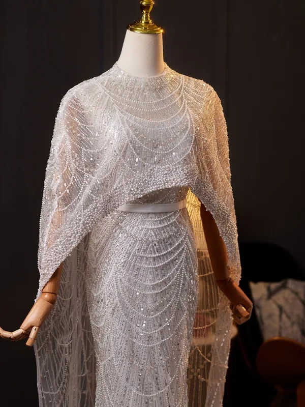 Luxury / Gorgeous Grey Handmade Beading Pearl Sequins Evening Dresses 2025 Trumpet / Mermaid Scoop Neck Short Sleeve Floor-Length / Long Evening Party Formal Dresses