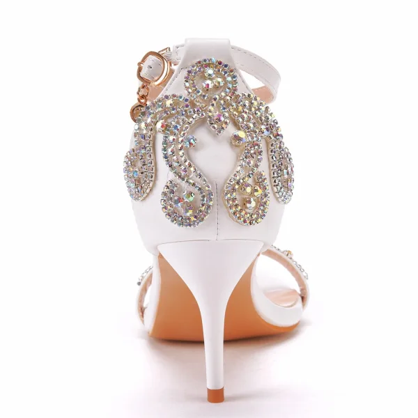 Charmant Blanche Faux Diamant Chaussure De Mariée 2022 Bride Cheville 7 cm Talons Aiguilles Peep Toes / Bout Ouvert Talons Hauts