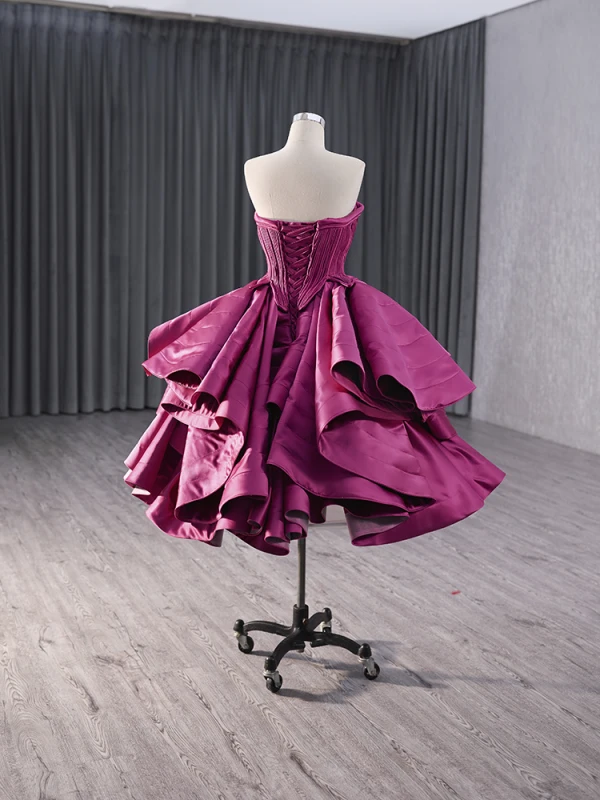 High-end Fuchsia Cascading Ruffles Satin Prom Dresses 2024 Ball Gown Strapless Sleeveless Backless Tea-length Prom Formal Dresses