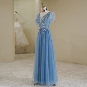 Chic Belle Bleu En Dentelle Fleur Faux Diamant Paillettes Robe De Bal 2022 Princesse V Cou Manches Courtes Dos Nu Longue Promo Robe De Ceremonie