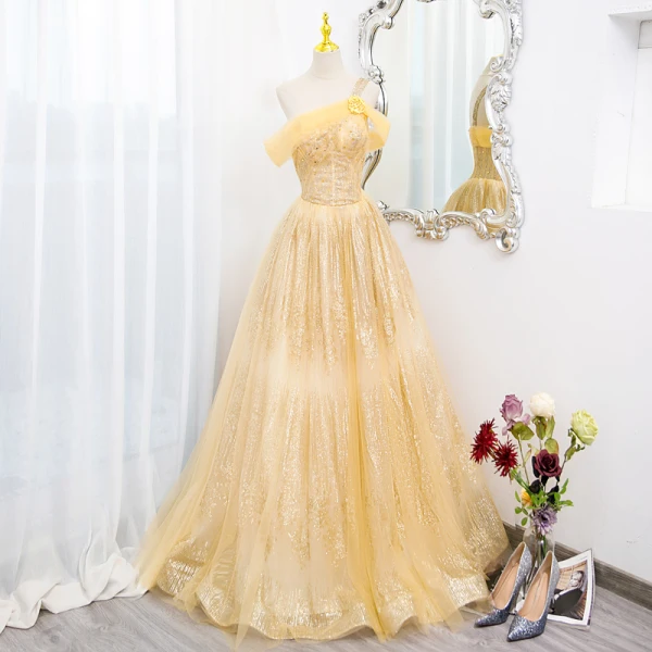 Chic / Belle Jaune Perlage Paillettes Robe De Bal 2022 Robe Boule Une épaule Sans Manches Dos Nu Longue Promo Robe De Ceremonie