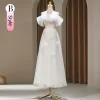Modest / Simple White Appliques Bridesmaid Dresses 2024 A-Line / Princess Short Sleeve Backless Floor-Length / Long