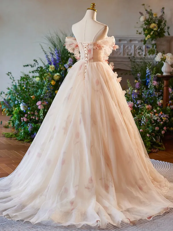 Chic / Belle Rougissant Rose Appliques Robe De Bal 2025 Robe Boule De l'épaule Manches Courtes Dos Nu Train De Balayage Promo Robe De Ceremonie