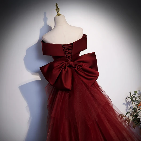 Illusion Burgundy Evening Dresses 2023 Trumpet / Mermaid Off-The-Shoulder Sleeveless Backless Bow Floor-Length / Long Evening Party Formal Dresses