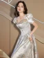 Chic / Belle Argenté Gris Impression Robe De Soirée 2023 Princesse Encolure Carrée Paillettes Manches Courtes Longue Promo Robe De Ceremonie