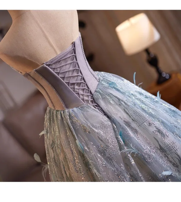 High-end Corset Silver Grey Prom Dresses 2025 Beading Feather Sweet 16 Dancing Formal