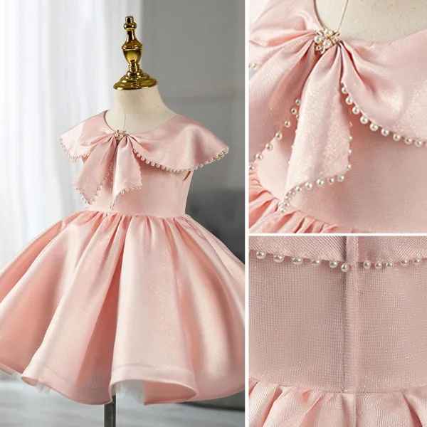 Lovely Blushing Pink Pearl Birthday Short Flower Girl Dresses 2022 Ball Gown Scoop Neck Bow Short Sleeve Flower Girl Dresses