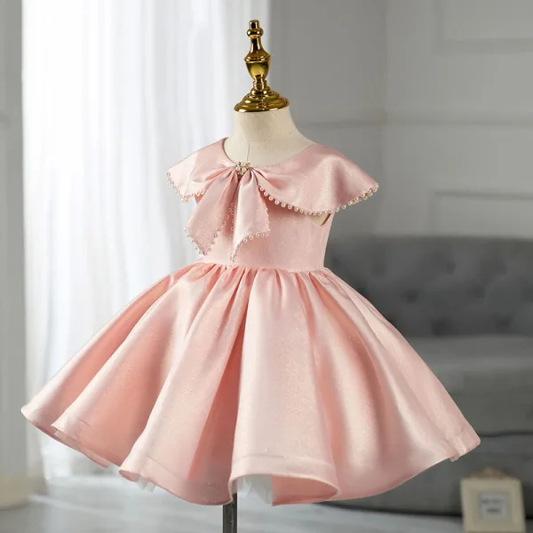 Lovely Blushing Pink Pearl Birthday Short Flower Girl Dresses 2022 Ball Gown Scoop Neck Bow Short Sleeve Flower Girl Dresses