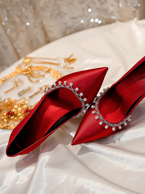 Elegant Red Pearl Rhinestone Wedding Shoes 2026 Leather 8 cm Stiletto Heels Pointed Toe Wedding Pumps