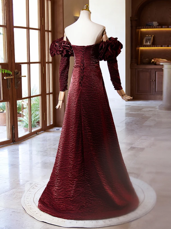 Vintage / Retro Burgundy Ruffle Prom Dresses 2024 A-Line / Princess Off-The-Shoulder Long Sleeve Backless Floor-Length / Long Prom Formal Dresses