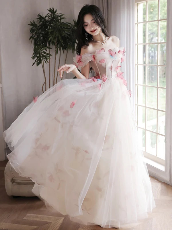 Flower Fairy White Appliques Prom Dresses 2023 A-Line / Princess Off-The-Shoulder Short Sleeve Backless Floor-Length / Long Prom Formal Dresses