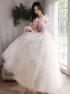 Flower Fairy White Appliques Prom Dresses 2023 A-Line / Princess Off-The-Shoulder Short Sleeve Backless Floor-Length / Long Prom Formal Dresses