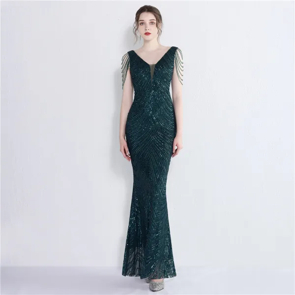 Charming White Beading Sequins Evening Dresses 2023 Trumpet / Mermaid V-Neck Sleeveless Backless Floor-Length / Long Evening Party Formal Dresses