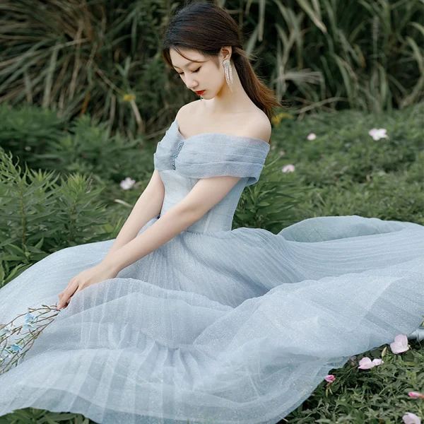 Modest / Simple Sky Blue Glitter Prom Dresses 2022 A-Line / Princess Off-The-Shoulder Short Sleeve Backless Floor-Length / Long Prom Formal Dresses