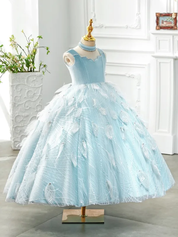 Elegant Sky Blue Beading Sequins Tassel Birthday Flower Girl Dresses 2024 Ball Gown Square Neckline Sleeveless Backless Floor-Length / Long