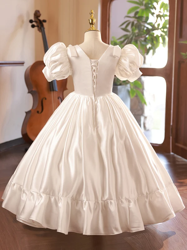 Vintage / Originale Ivoire Anniversaire Robe Ceremonie Fille 2024 Robe Boule V-Cou Gonflée Manches Courtes Longue