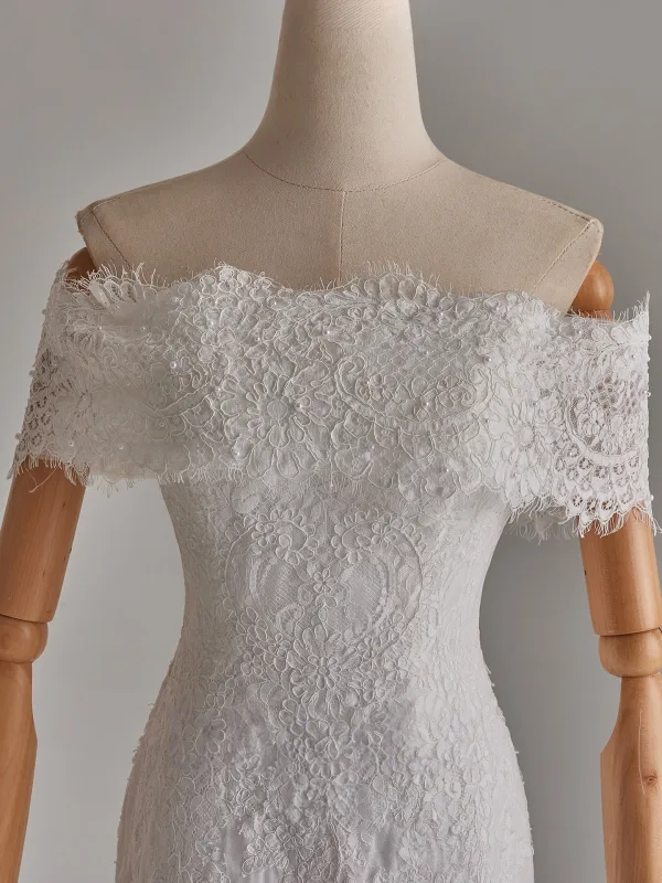 Elegant White Pearl Lace Flower Wedding Dresses 2025 Trumpet / Mermaid Off-The-Shoulder Sleeveless Backless Sweep Train Wedding