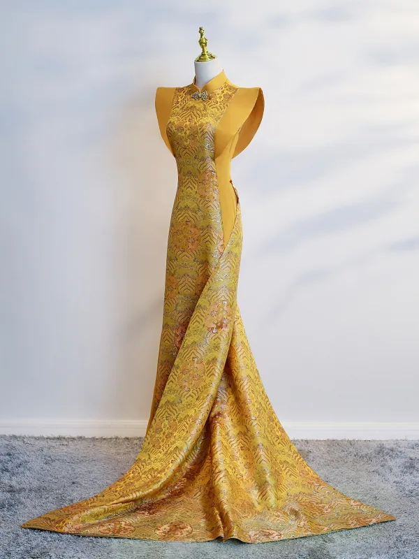 Chinese style Yellow Evening Party Floor-Length / Long Cheongsam 2025 Trumpet / Mermaid High Neck Sleeveless