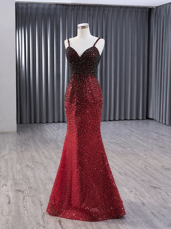 High-end Burgundy Gradient-Color Handmade  Beading Pearl Sequins Prom Dresses 2024 Trumpet / Mermaid Spaghetti Straps Sleeveless Backless Sweep Train Prom Formal Dresses