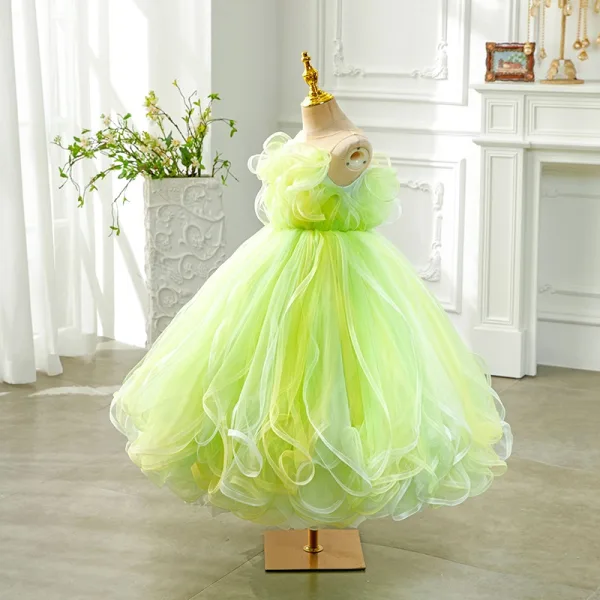 Fashion Green Cascading Ruffles Birthday Flower Girl Dresses 2024 Ball Gown Scoop Neck Sleeveless Backless Floor-Length / Long