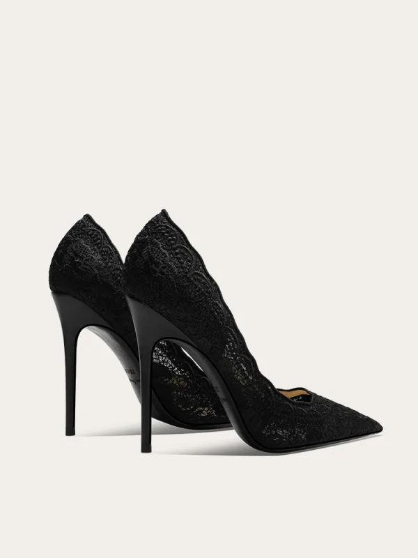 Vintage Zwarte Kant Bloem Avond Pumps 2024 Leer 10 cm Naaldhakken / Stiletto Spitse Neus Pumps Hoge Hakken