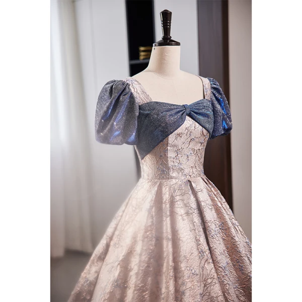 Fashion Dusky Pink Sequins Prom Dresses 2023 Ball Gown Square Neckline Bow Short Sleeve Backless Floor-Length / Long Formal Dresses
