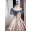 Fashion Dusky Pink Sequins Prom Dresses 2023 Ball Gown Square Neckline Bow Short Sleeve Backless Floor-Length / Long Formal Dresses