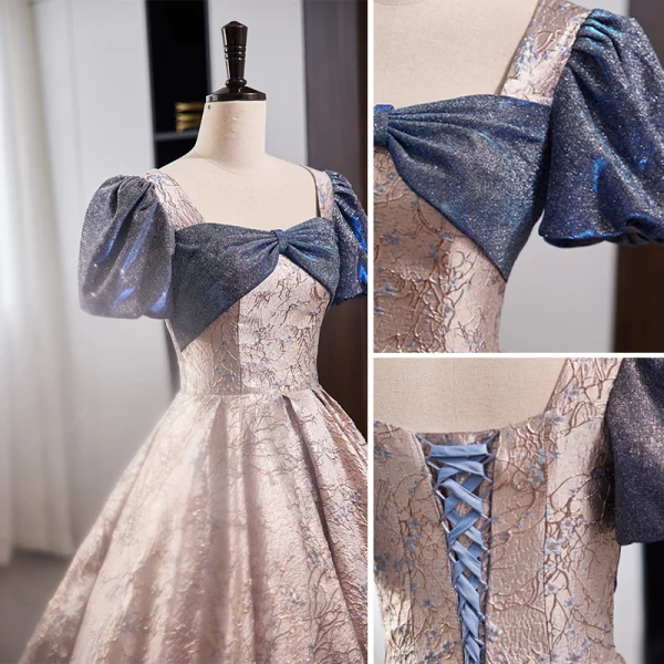 Fashion Dusky Pink Sequins Prom Dresses 2023 Ball Gown Square Neckline Bow Short Sleeve Backless Floor-Length / Long Formal Dresses