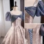 Fashion Dusky Pink Sequins Prom Dresses 2023 Ball Gown Square Neckline Bow Short Sleeve Backless Floor-Length / Long Formal Dresses