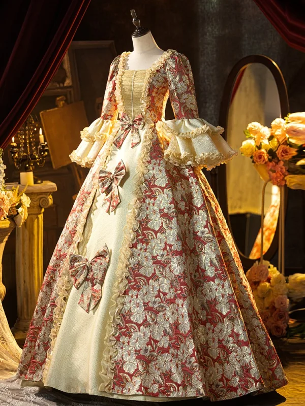 Medieval Vintage / Retro Red Glitter Printing Pearl Bow Cosplay Lolita Prom Dresses 2024 Ball Gown Square Neckline Bell sleeves Backless