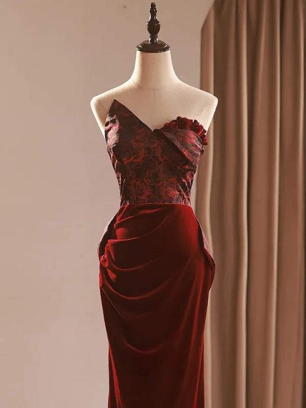 Sexy Burgundy Printing Evening Dresses 2026 Trumpet / Mermaid Strapless Sleeveless Backless Bow Floor-Length / Long Formal Dresses