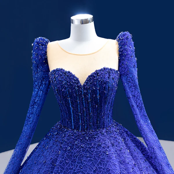 High-end Vintage / Retro Royal Blue Handmade  Beading Sequins Prom Dresses 2022 Ball Gown Scoop Neck Long Sleeve Court Train Prom Formal Dresses