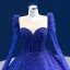 High-end Vintage / Retro Royal Blue Handmade  Beading Sequins Prom Dresses 2022 Ball Gown Scoop Neck Long Sleeve Court Train Prom Formal Dresses