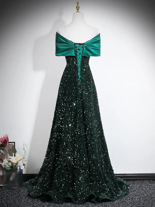 Sparkly Black Gold Sequins Evening Dresses 2026 A-Line / Princess Off-The-Shoulder Short Sleeve Backless