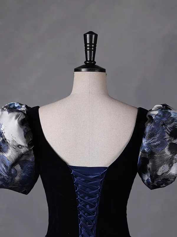 Vintage / Retro Navy Blue Floral Rhinestone Prom Dresses 2023 Ball Gown Square Neckline Short Sleeve Backless Floor-Length / Long Prom Formal Dresses