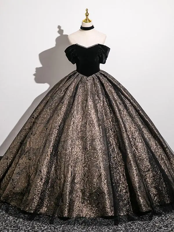 Classy Black Glitter Prom Dresses 2025 Ball Gown Off-The-Shoulder Sleeveless Backless Floor-Length / Long Prom Formal Dresses