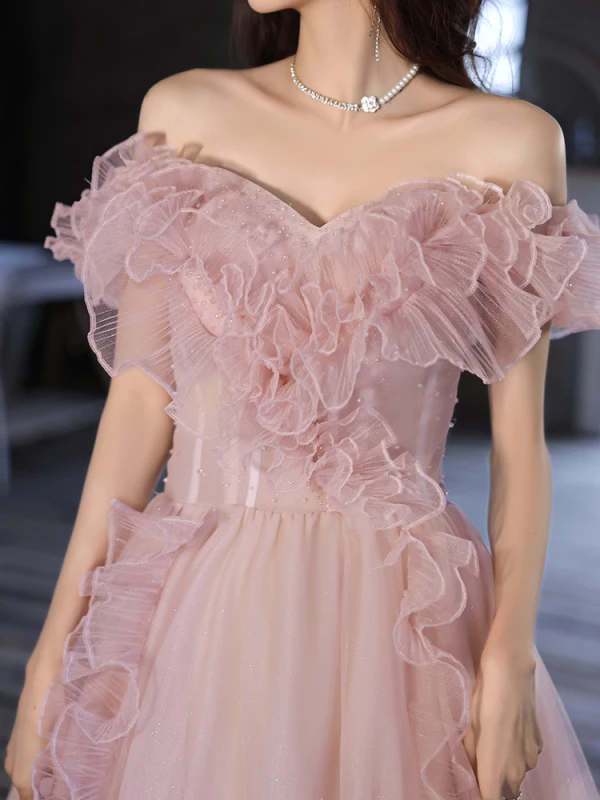 Chic / Beautiful Blushing Pink Beading Ruffle Prom Dresses 2022 A-Line / Princess Off-The-Shoulder Short Sleeve Backless Floor-Length / Long Formal Dresses