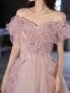 Chic / Beautiful Blushing Pink Beading Ruffle Prom Dresses 2022 A-Line / Princess Off-The-Shoulder Short Sleeve Backless Floor-Length / Long Formal Dresses