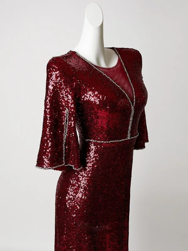 Sparkly Burgundy Rhinestone Sequins Evening Dresses 2026 Trumpet / Mermaid Scoop Neck Short Sleeve Floor-Length / Long Formal Dresses