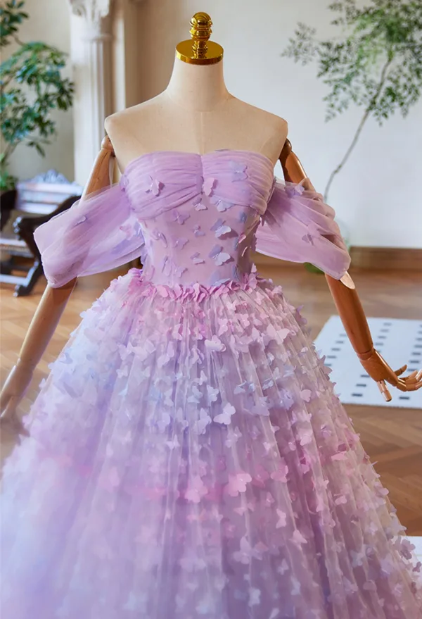 Blumenfee Lavendel Schmetterling Ballkleider 2024 Ballkleid Off Shoulder Ärmellos Rückenfreies Lange Ball Festliche Kleider