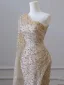 Scintillantes Champagne Paillettes Perlage Fendue devant Robe De Soirée 2024 Trompette / Sirène Une épaule Sans Manches Dos Nu Train De Balayage Robe De Ceremonie
