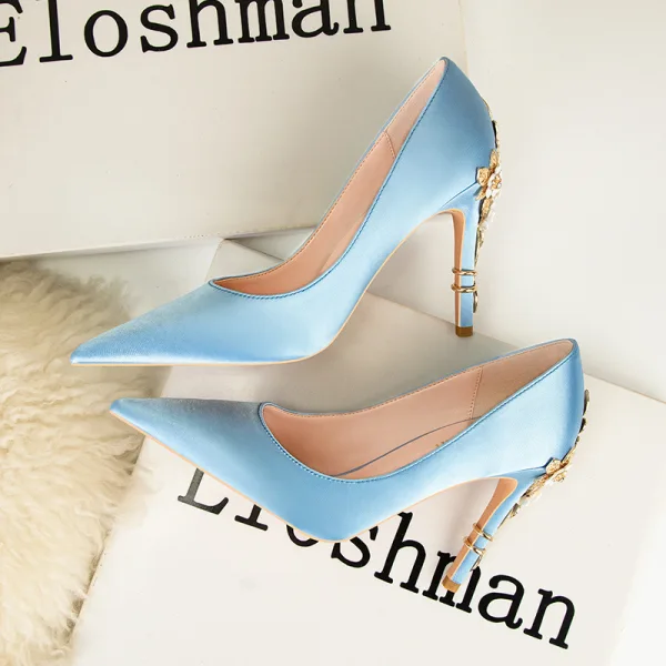 Fashion White Satin Prom Pumps 2022 Metal Flower Rhinestone 10 cm Stiletto Heels Pointed Toe Pumps High Heels