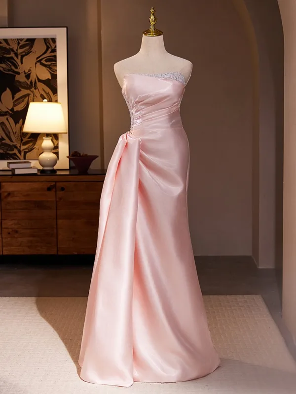 Sexy Pearl Pink Pearl Satin Prom Dresses 2024 Trumpet / Mermaid Strapless Sleeveless Backless Floor-Length / Long Prom Formal Dresses