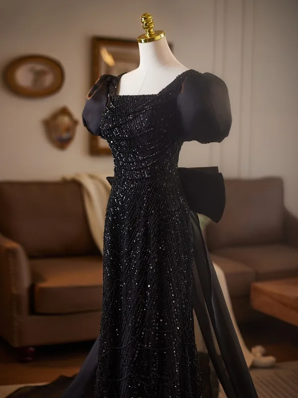 Scintillantes Noire Perlage Paillettes Robe De Soirée 2025 Trompette / Sirène Encolure Carrée Gonflée Manches Courtes Dos Nu Noeud Longue Robe De Ceremonie