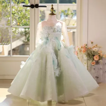 Élégant Vert Cendré Perlage Appliques Anniversaire Robe Ceremonie Fille 2026 Robe Boule Encolure Dégagée Manches Longues Dos Nu Longue Tulle