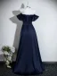 Vintage / Retro Navy Blue Prom Dresses 2026 A-Line / Princess Off-The-Shoulder Short Sleeve Backless Floor-Length / Long Formal Dresses
