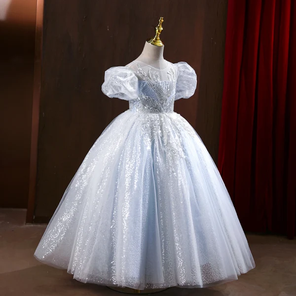Bling Bling Silver Beading Sequins Flower Girl Dresses Ball Gown 2022 Scoop Neck Puffy Short Sleeve Floor-Length / Long Prom Flower Girl Dresses